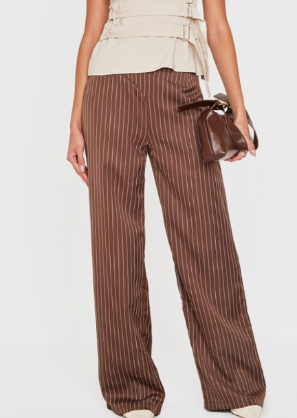 Chocolate Pinstripe Dipped Waist Straight Leg Trousers