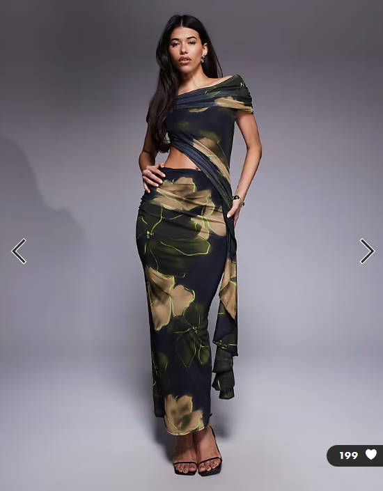 ASOS DESIGN mesh ruched off shoulder midi dress with ruffle sash detail in black and green floral print