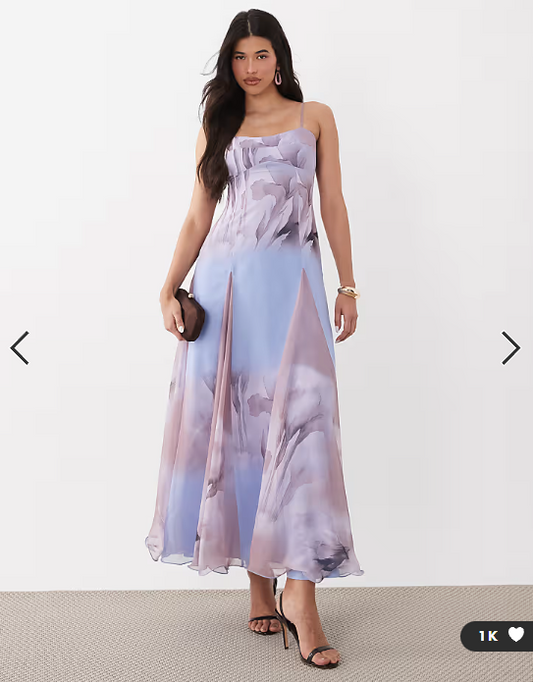 ASOS DESIGN chiffon strappy maxi dress with deep godets in lilac floral