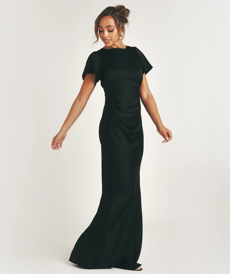 Six Stories - flutter Sleeve Tie Back Satin Bridesmaid Dress - Black