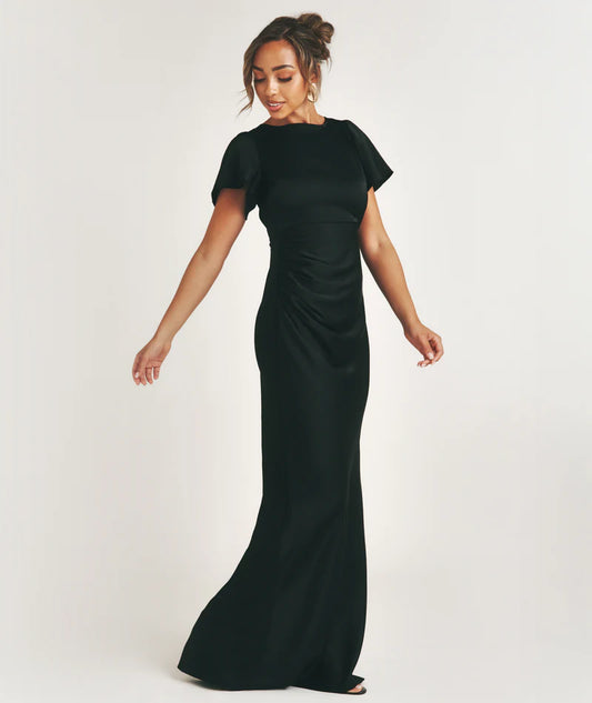Six Stories - flutter Sleeve Tie Back Satin Bridesmaid Dress - Black