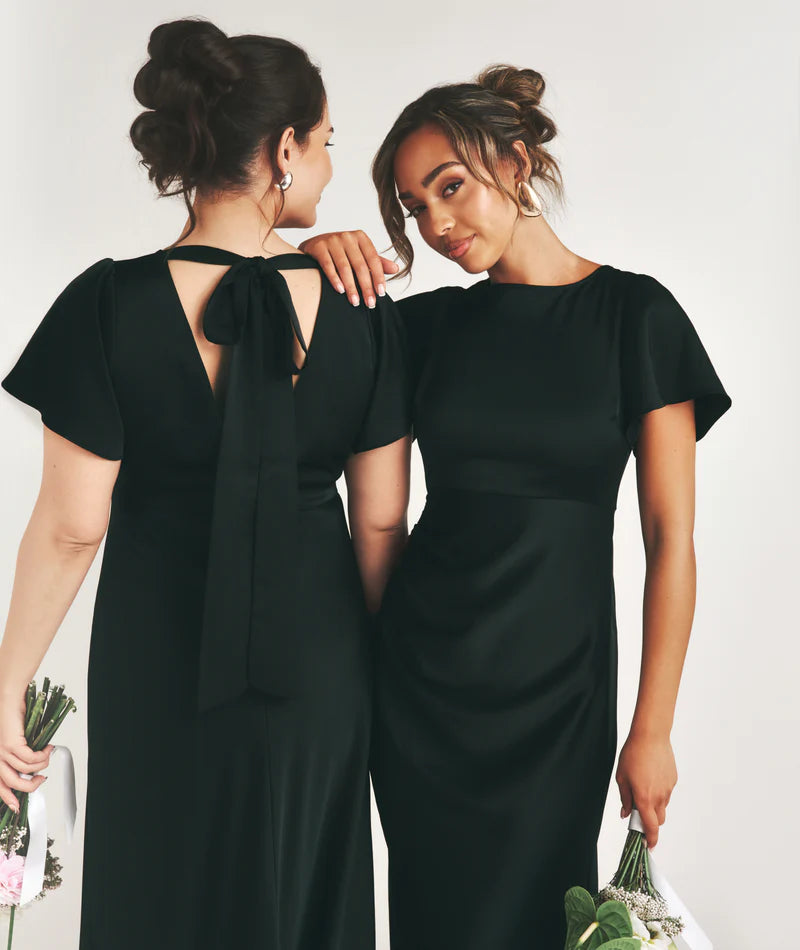 Six Stories - flutter Sleeve Tie Back Satin Bridesmaid Dress - Black