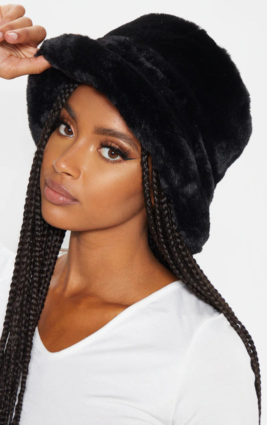 Black Faux Fur Turn Up Trim Bucket Hat