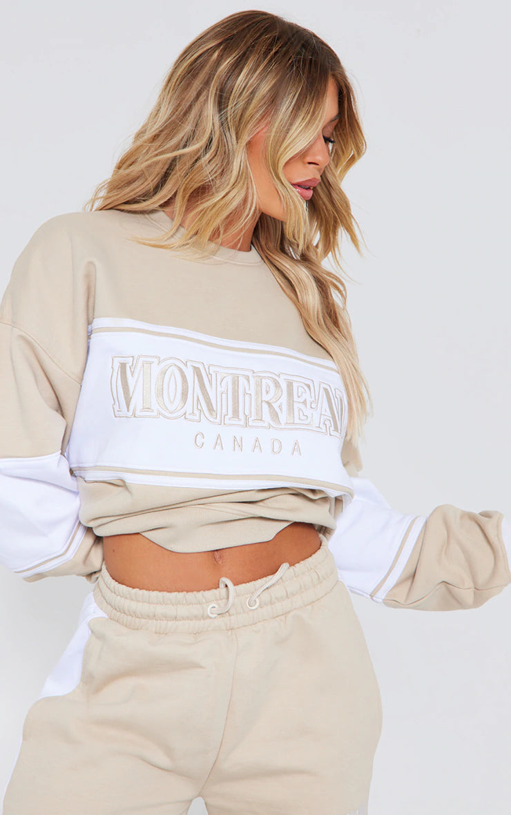 BEIGE MONTREAL EMBROIDERED PANELLED OVERSIZED SWEATSHIRT