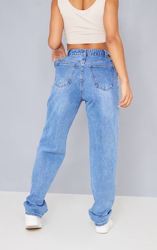 Mid Blue Wash Cut Out Waist Band 90'S Baggy Boyfriend Jeans