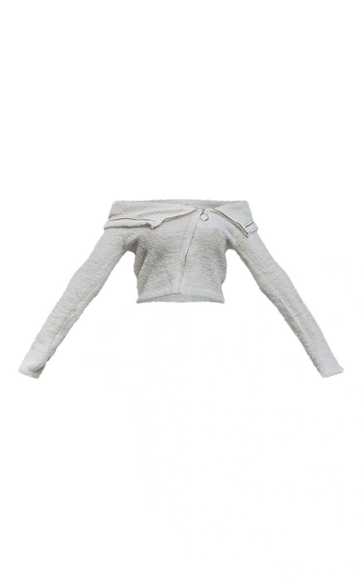 White Fluffy Knit Fold Over Zipped Crop Jacket