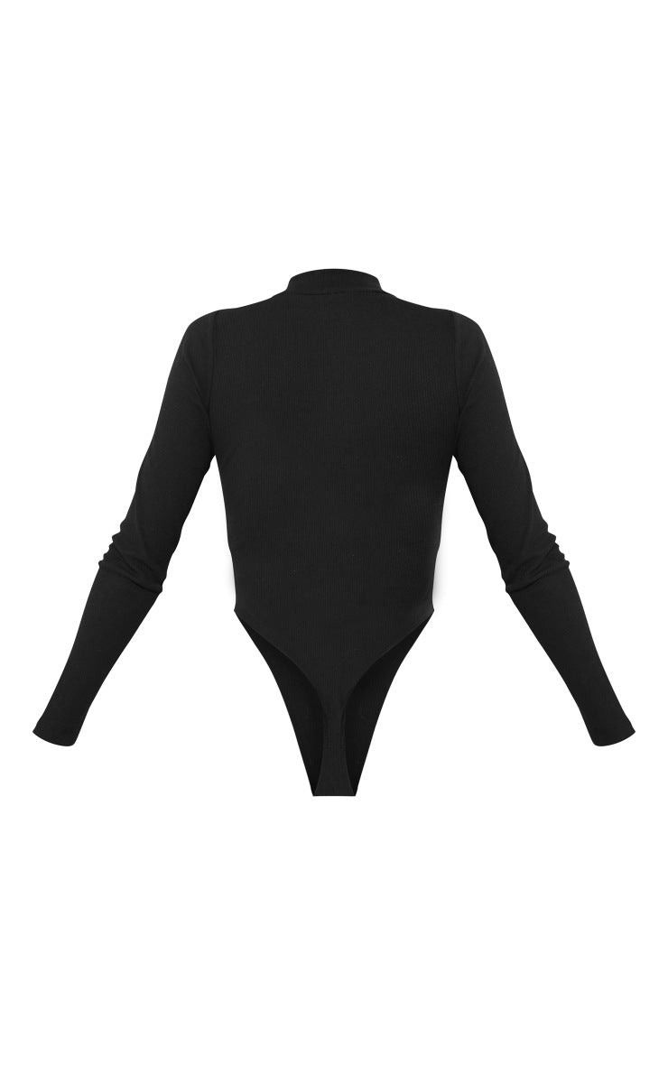 Black Ribbed High Neck Long Sleeve Bodysuit