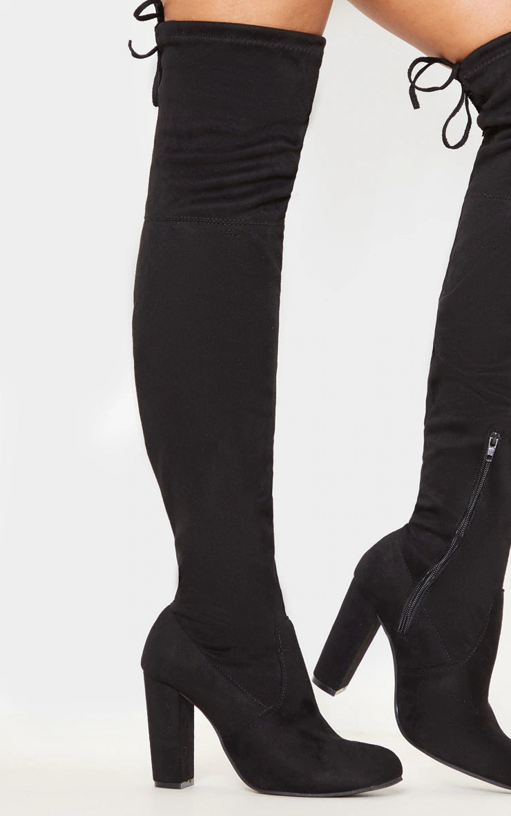 Bess Black Faux Suede Heel Thigh Boots