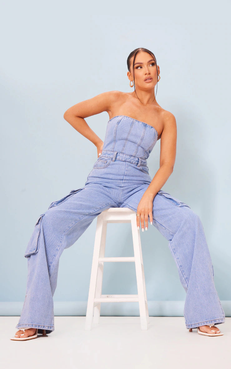 LIGHT BLUE WASH CARGO POCKET BANDEAU DENIM JUMPSUIT