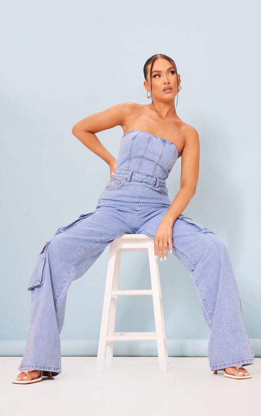 LIGHT BLUE WASH CARGO POCKET BANDEAU DENIM JUMPSUIT