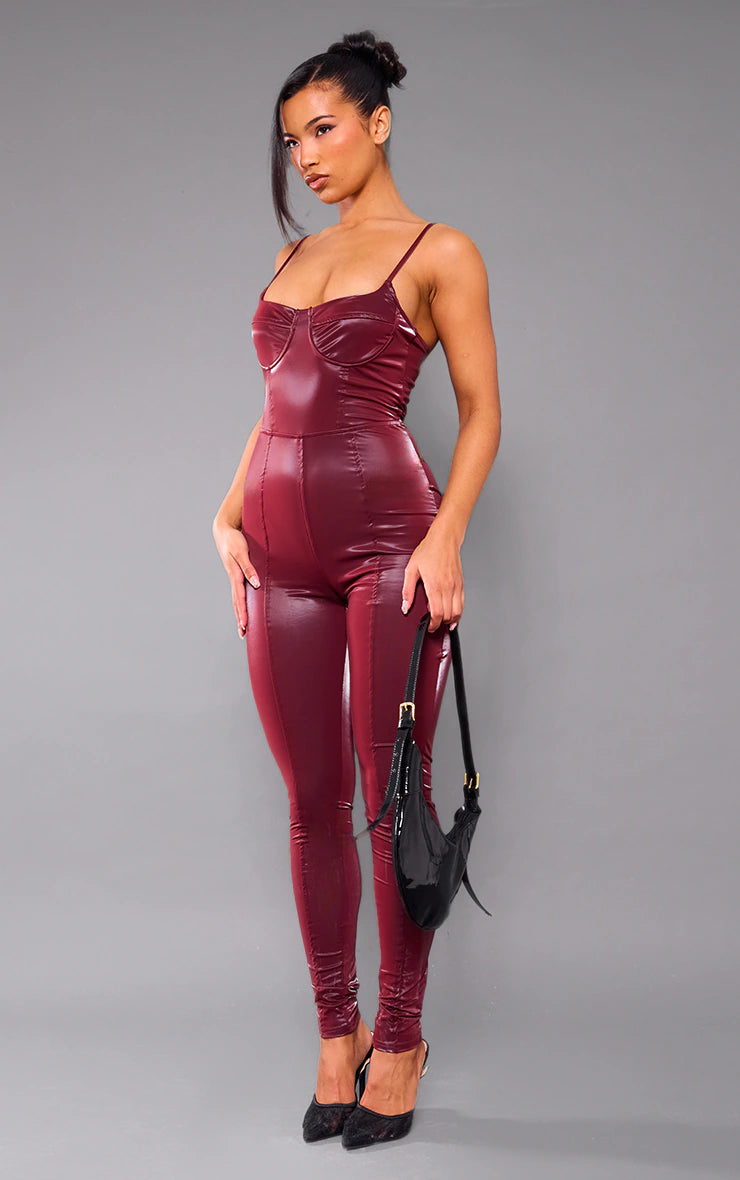 Cherry Red Matte Vinyl Underwired Strappy Jumpsuit