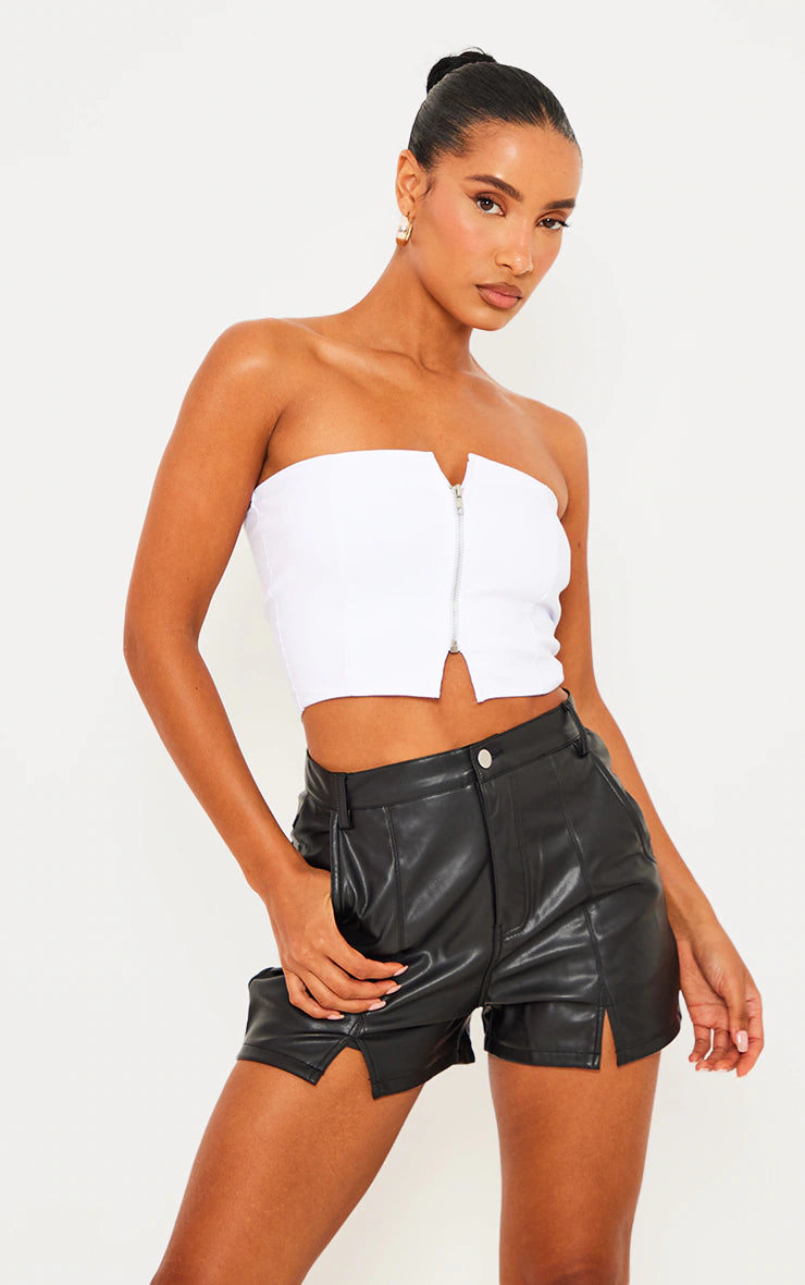 Black Seam Detail Faux Leather Shorts