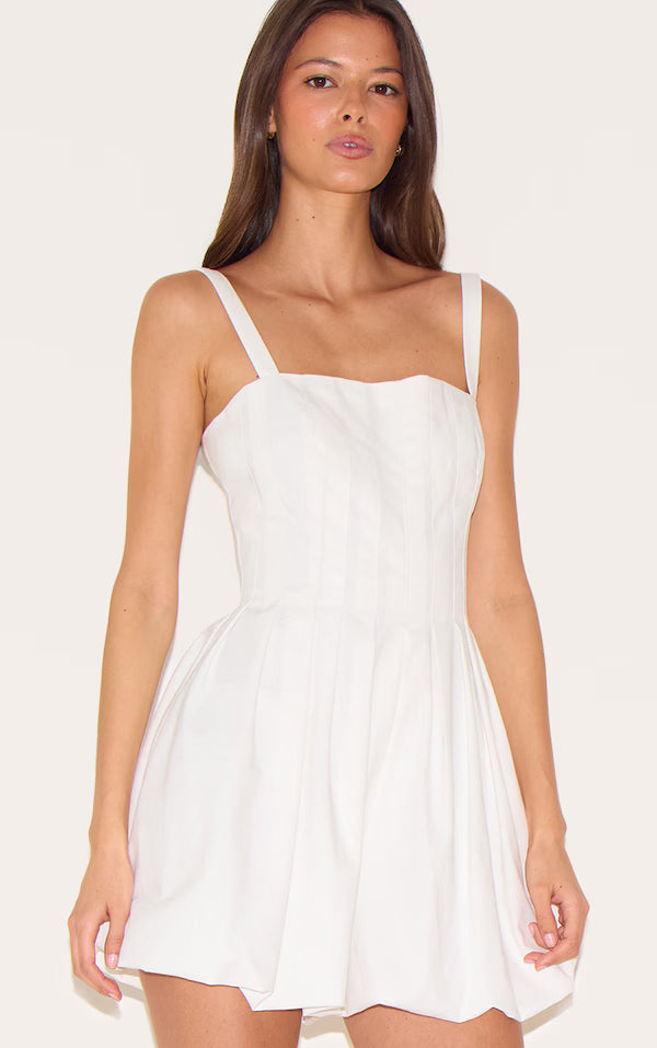 White Twill Pleated Puffball Playsuit