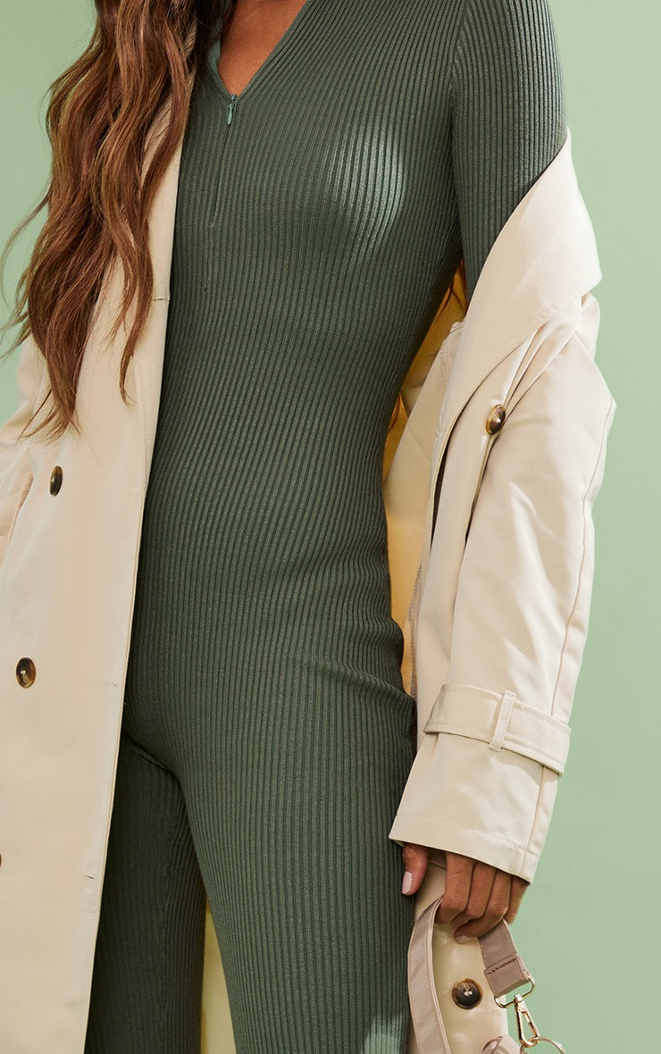 Khaki Zip Detail Knitted Jumpsuit