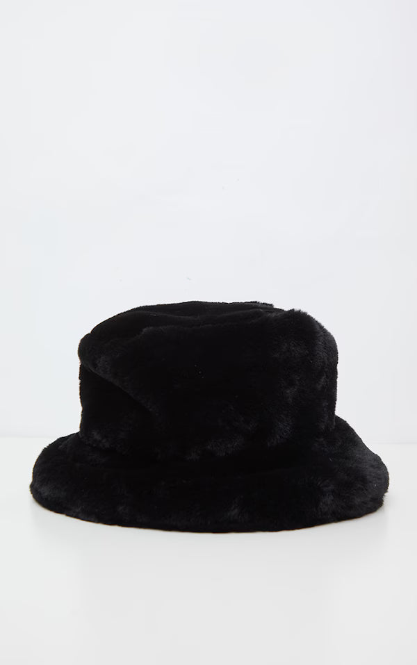 Black Faux Fur Turn Up Trim Bucket Hat