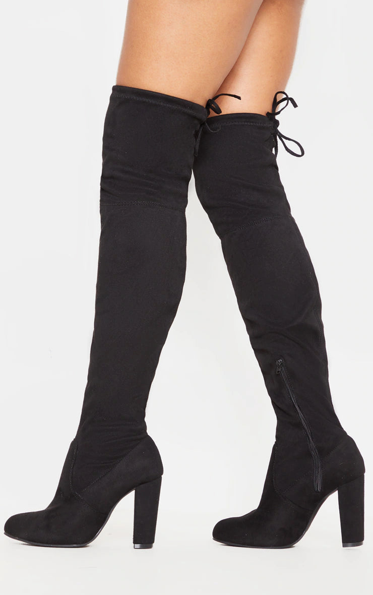 Bess Black Faux Suede Heel Thigh Boots