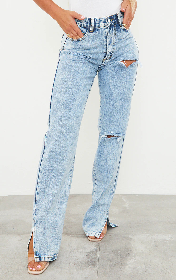 Ice Blue Ripped Split Hem Jeans