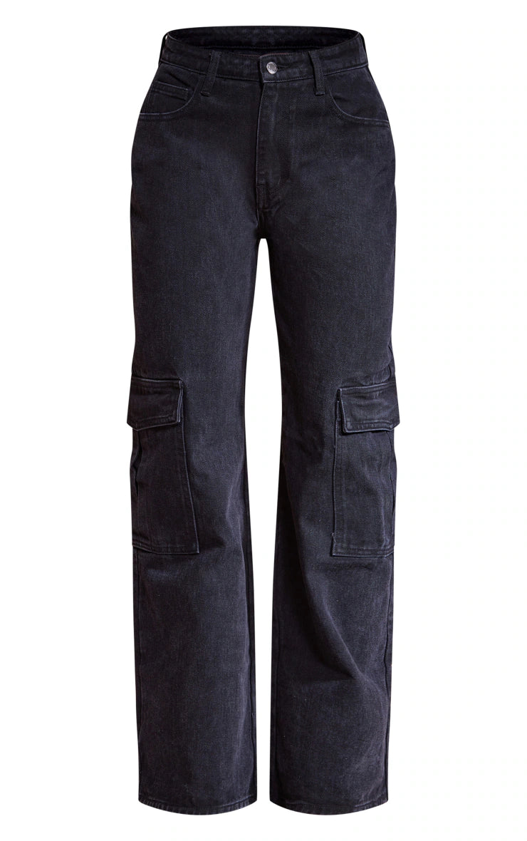 Washed Black Cargo Side Pocket Wide Leg Jeans