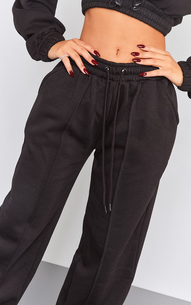 Petite Black Wide Leg Seam Detailed Sweatpants