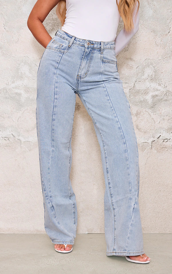 Light Blue Washed Front Seam Detail Wide Leg Jeans
