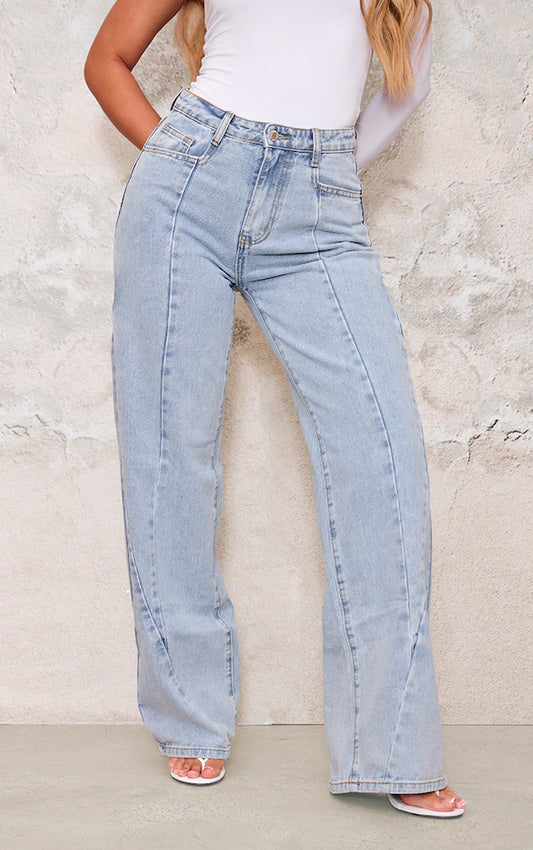 Light Blue Washed Front Seam Detail Wide Leg Jeans