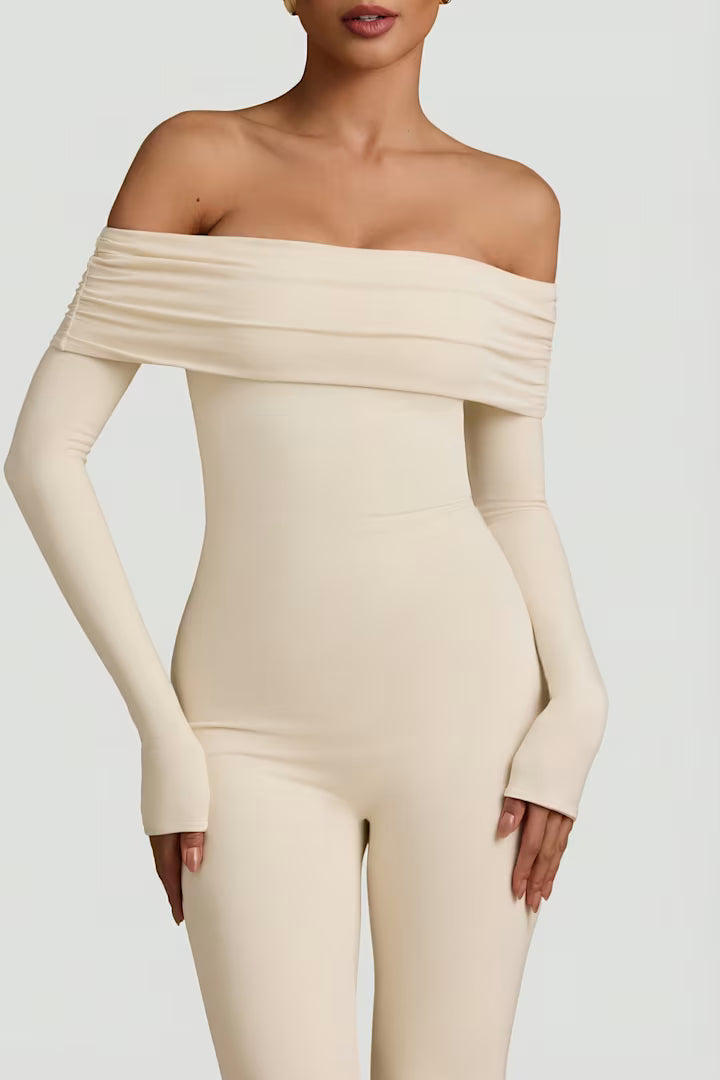 OhPolly - Modal Off-Shoulder Ruched Jumpsuit in Ivory