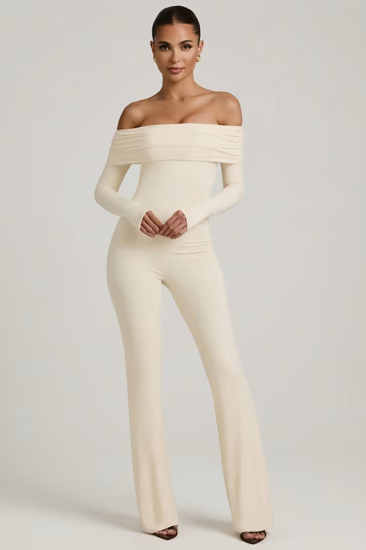 OhPolly - Modal Off-Shoulder Ruched Jumpsuit in Ivory