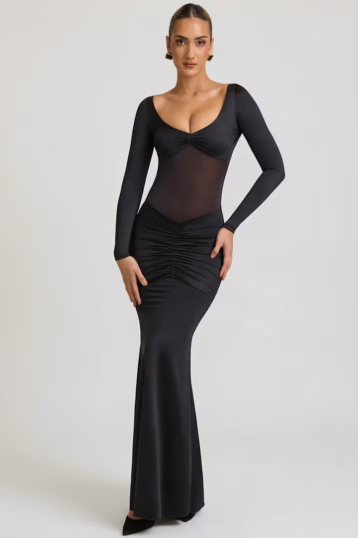 OhPolly - Bow-Detail Ruched Maxi Dress in Black