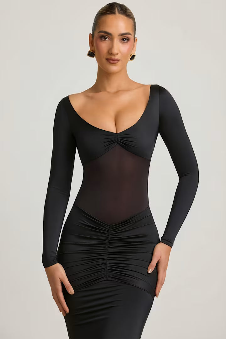 OhPolly - Bow-Detail Ruched Maxi Dress in Black