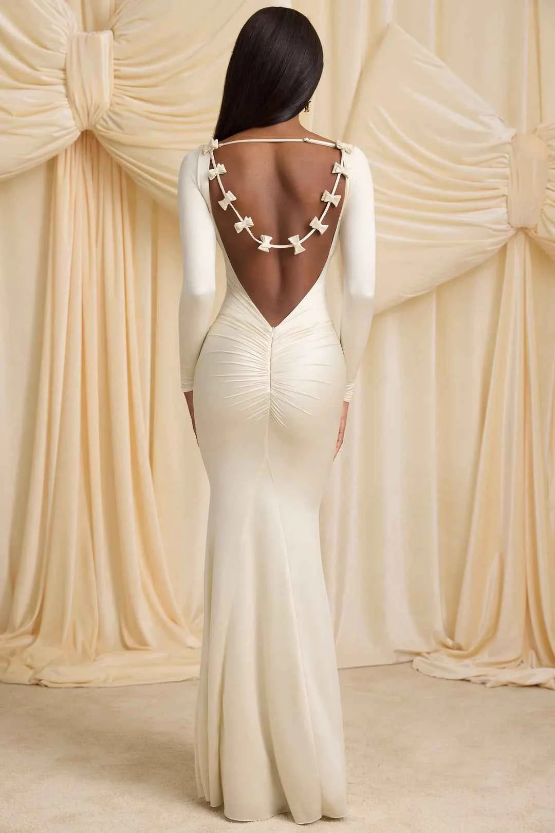 OhPolly - Bow-Detail Ruched Maxi Dress in Ivory