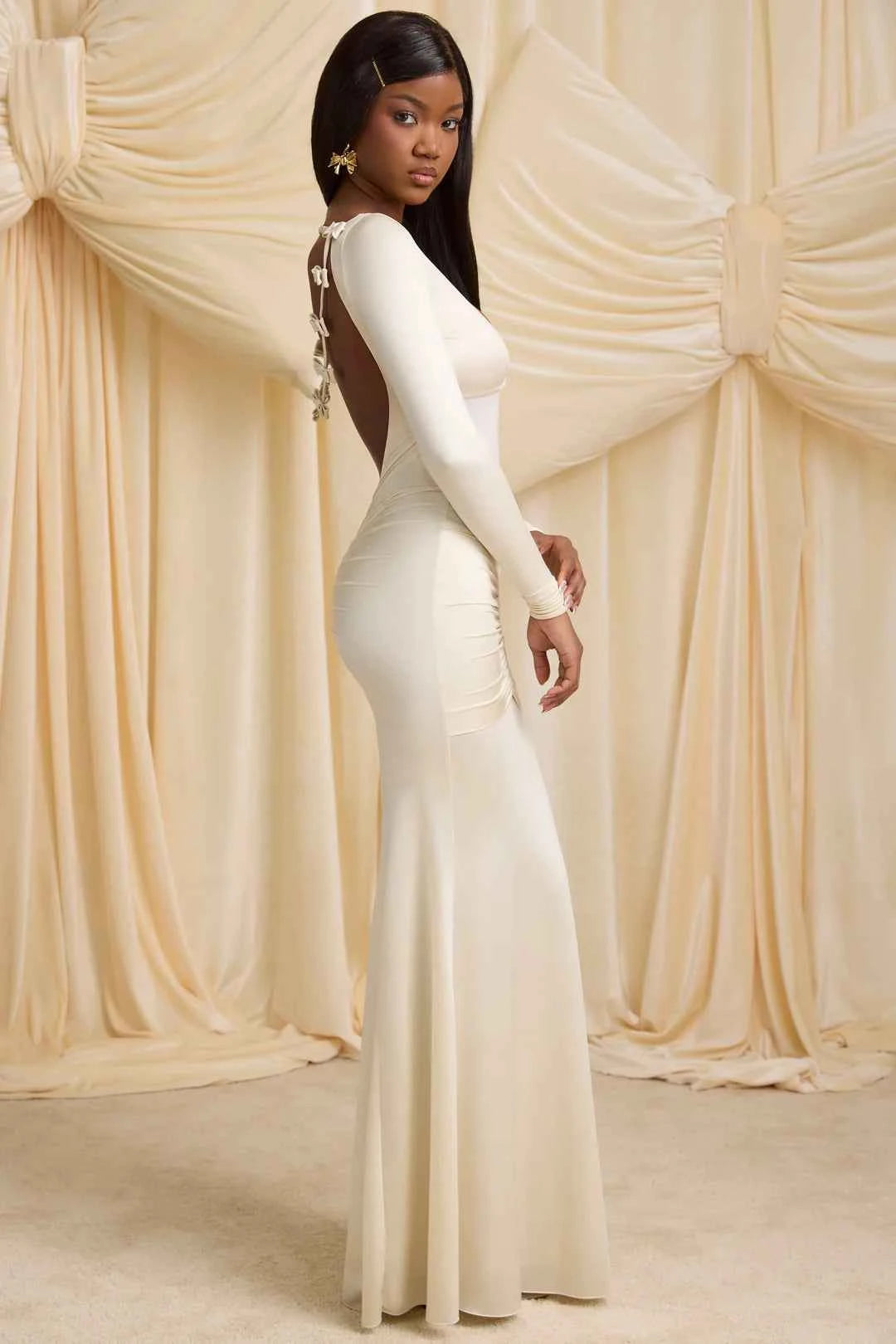 OhPolly - Bow-Detail Ruched Maxi Dress in Ivory