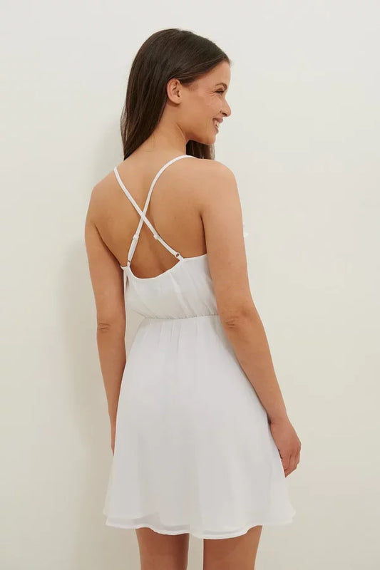 Flowy Cross Back Frill Dress White