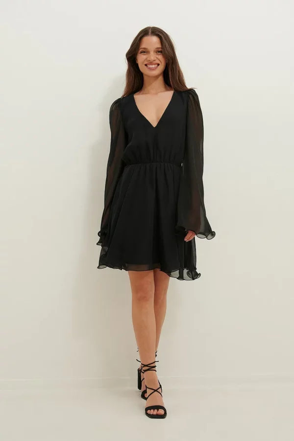 Wide Sleeve Chiffon Mini Dress Black