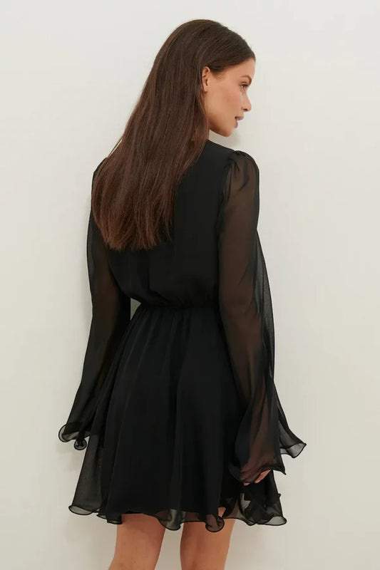 Recycled Wide Sleeve Chiffon Mini Dress Black