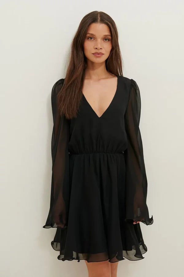 Wide Sleeve Chiffon Mini Dress Black