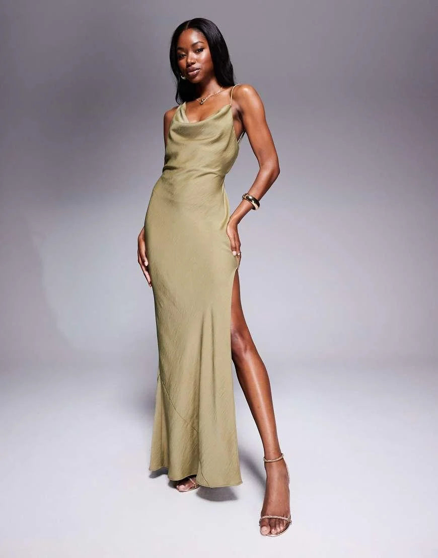 Asos - satin asymmetric strap midaxi dress in green