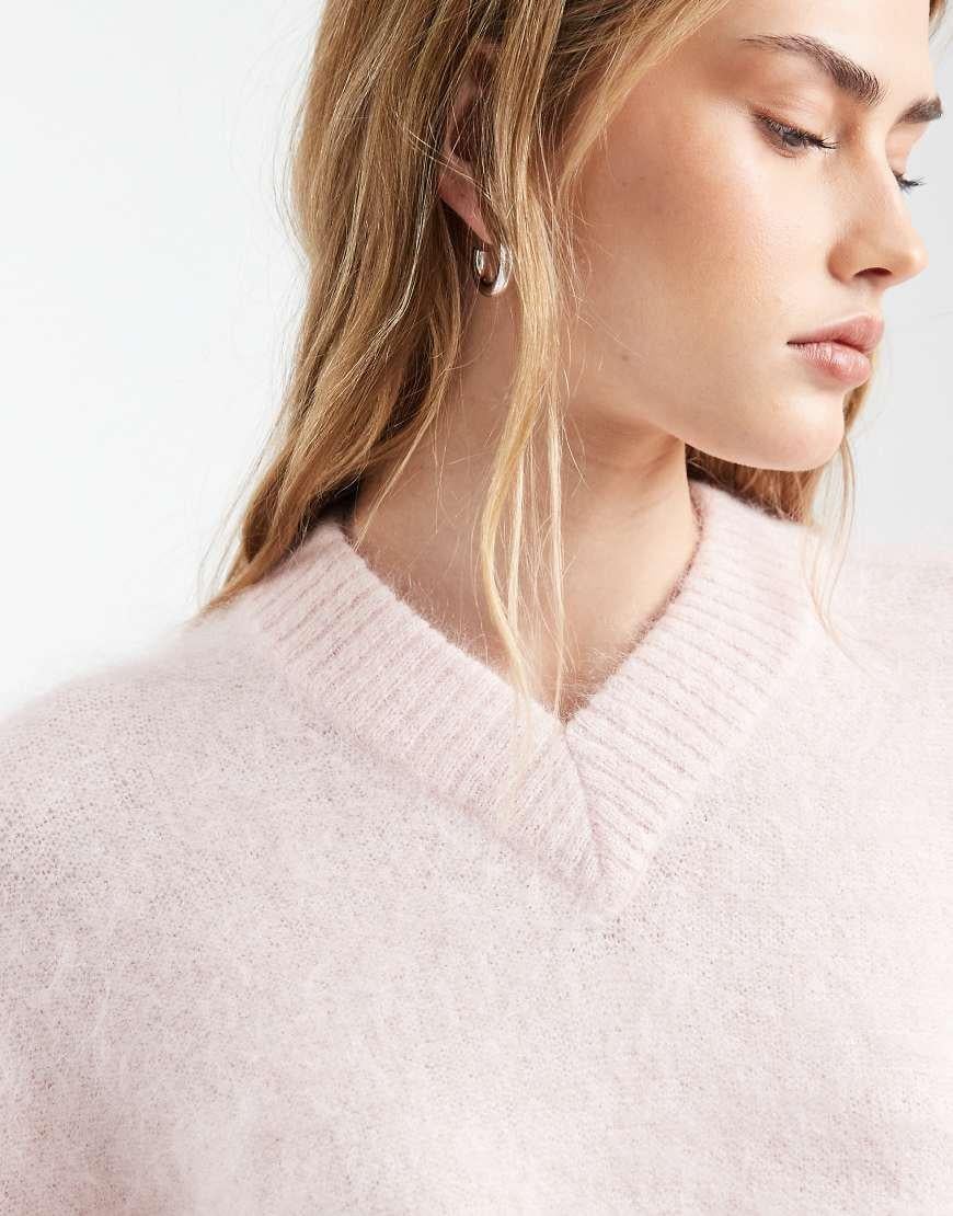 ASOS DESIGN premium mohair wide sleeve jumper with v neck Pink
