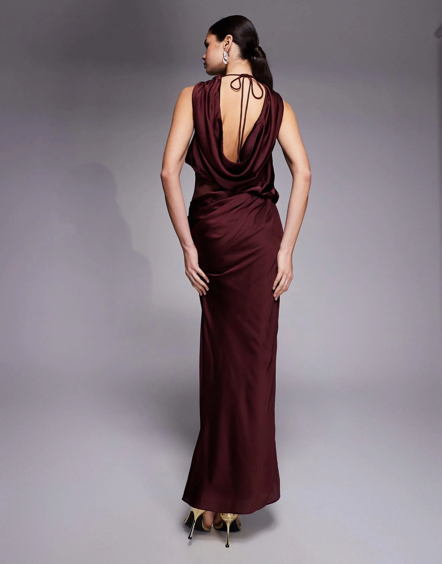 Asos - draped high neck asymmetric satin bodice maxi dress in burgundy