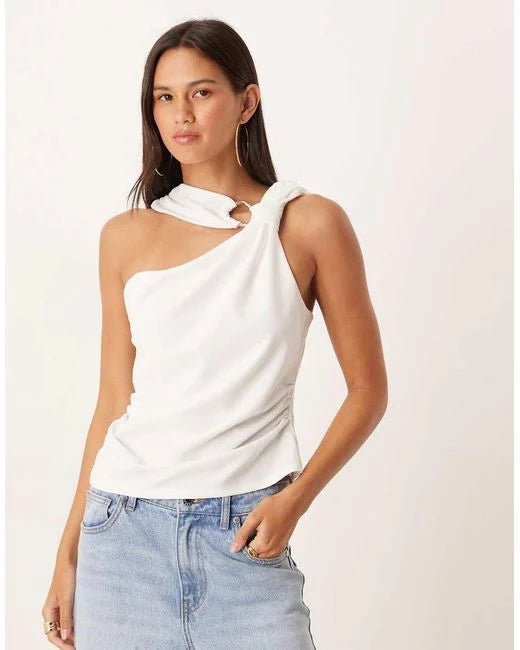 ASOS DESIGN knot detail halter top with trim detail in white