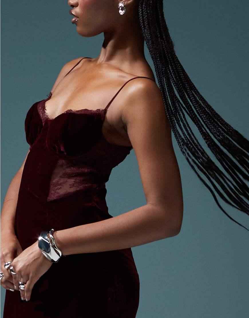 Asos - velvet corset midi dress wirh lace insert in burgundy