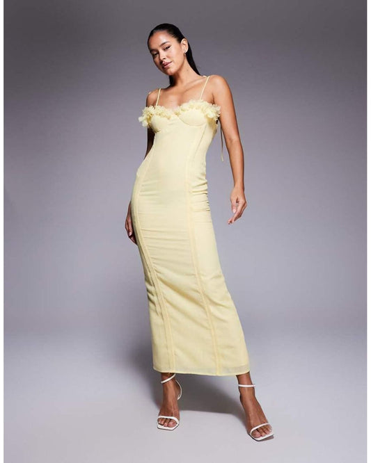 ASOS 3D Floral Bust Corset Linen Look Midi Dress in Yellow