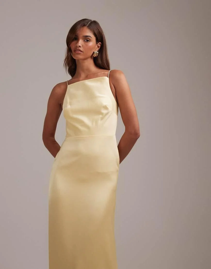 Asos Bridesmaids High Neck Tie Strap Column Maxi Dress yellow