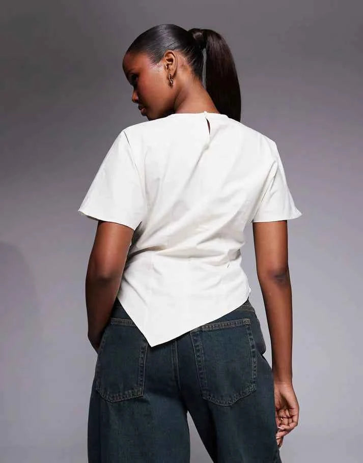 ASOS DESIGN asym ruched detail woven tee in cream