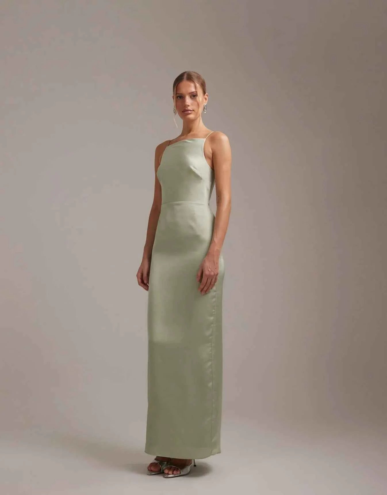 ASOS DESIGN bridesmaids high neck tie strap column maxi dress in sage green