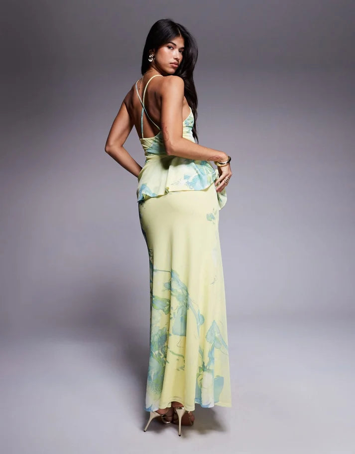 ASOS DESIGN cami with peplum detail mesh maxi dress in floral print