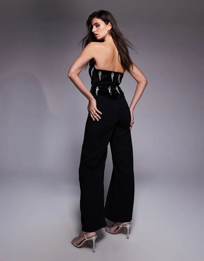 ASOS DESIGN corset embellished bodice jumpsuit with tailored trouser in black