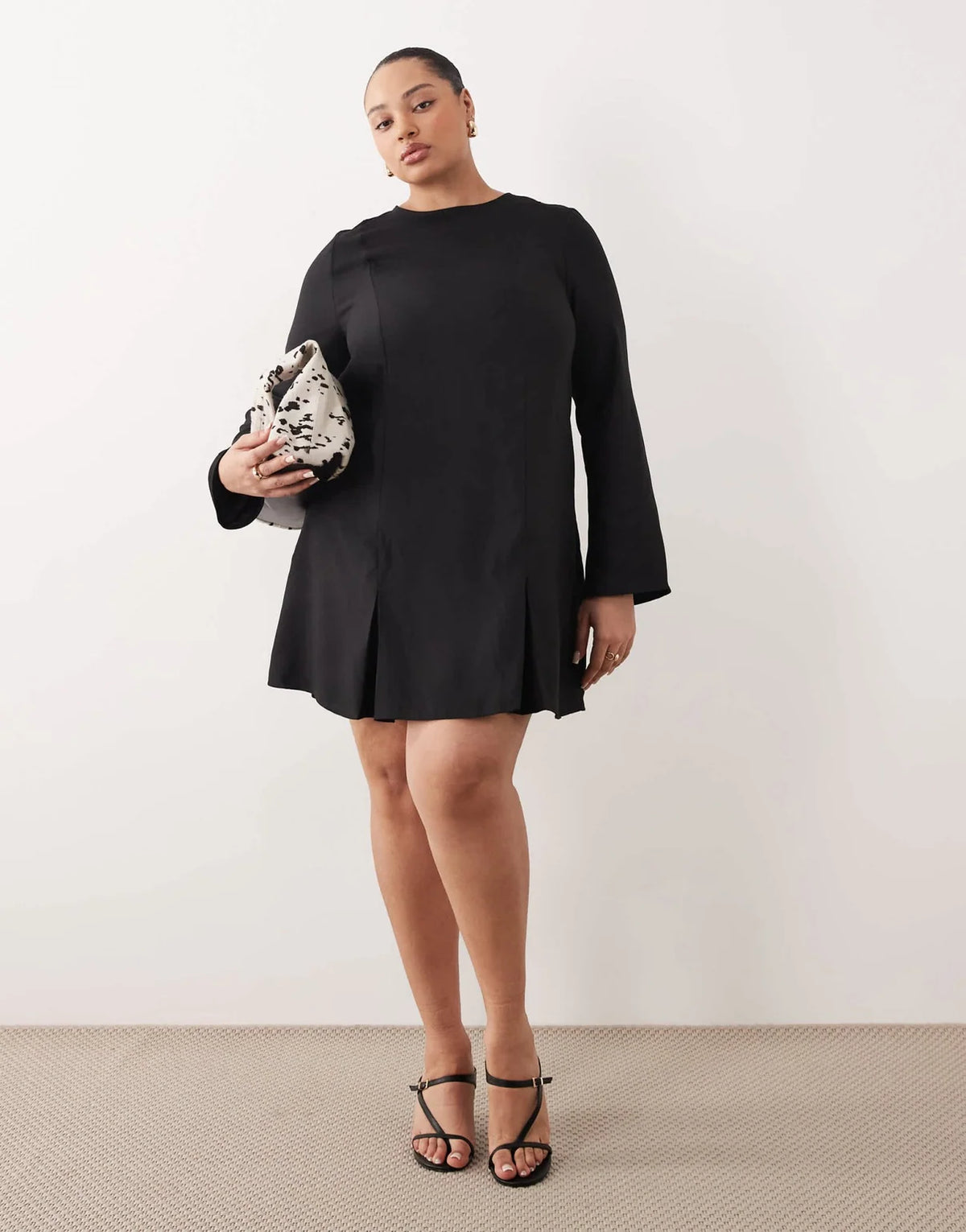 ASOS DESIGN Curve long sleeve godet mini dress in black