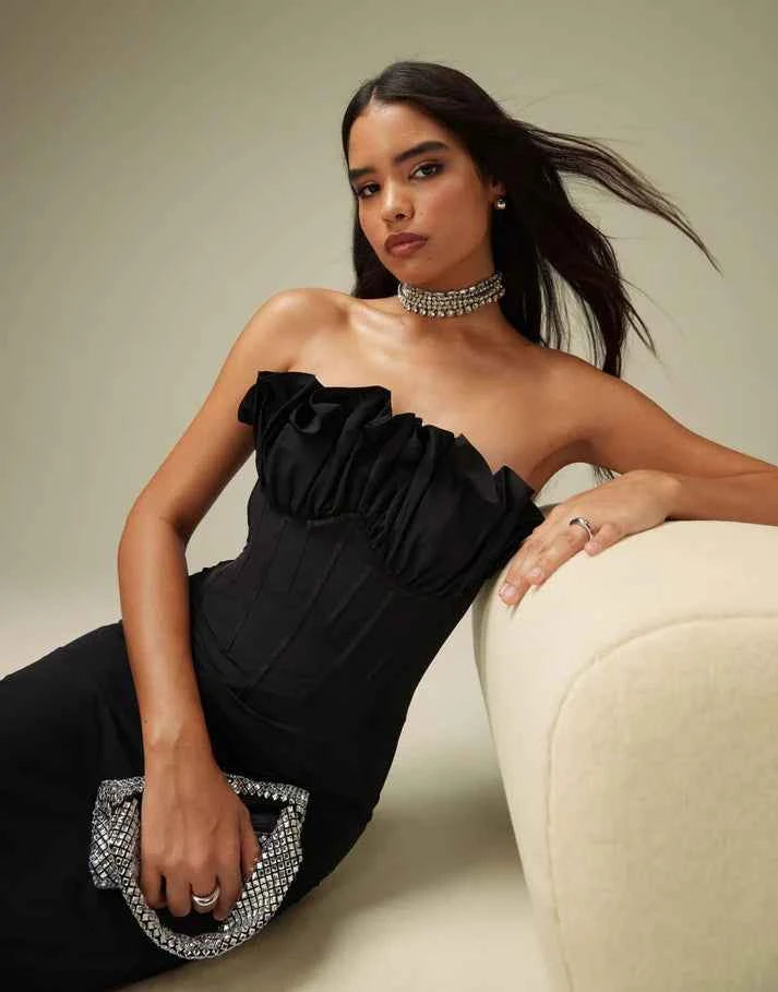 ASOS DESIGN exaggerated ruffle bandeau corset midi dress in black