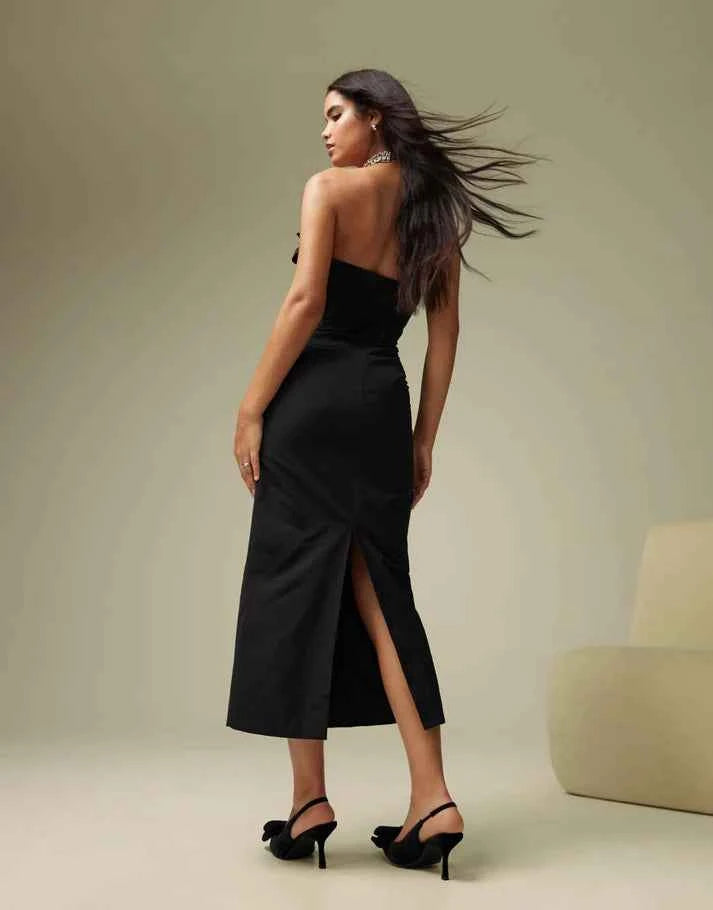 ASOS DESIGN exaggerated ruffle bandeau corset midi dress in black