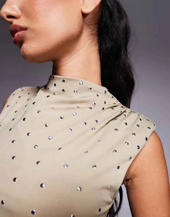 ASOS DESIGN high neck hotfix stud bodysuit in light khaki